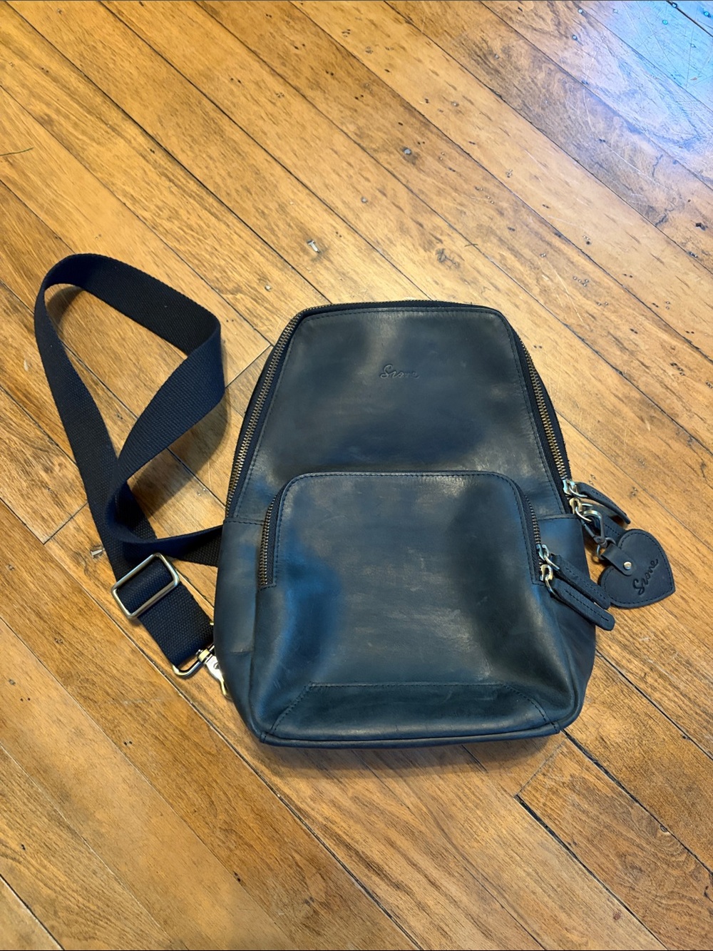 S-Zone Black Cowhide Leather Black Crossbody Sling Bag